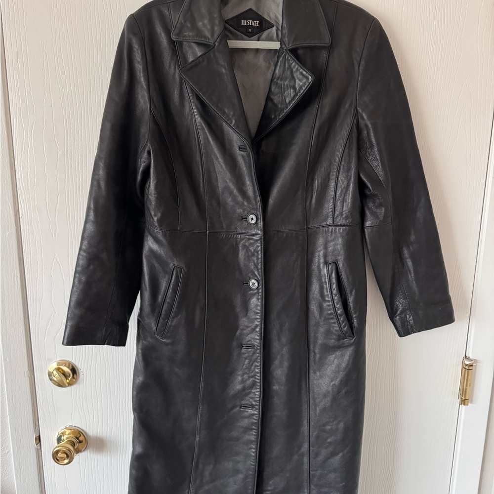 Vintage 111 State Long Black Leather Coat - Small
